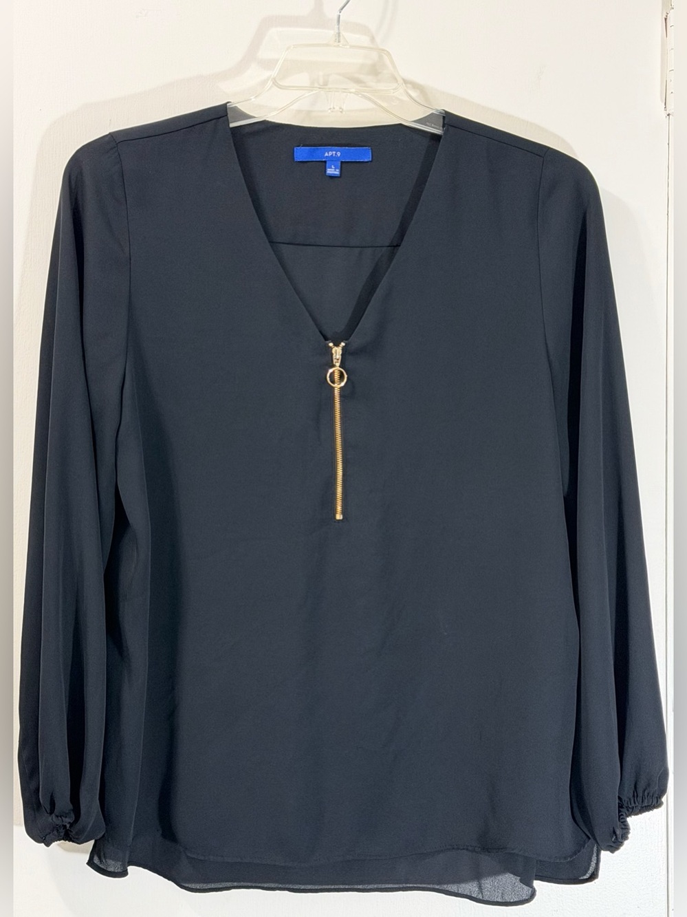 Apt. 9 Black V-Neck Blouse with Gold Zip Pull